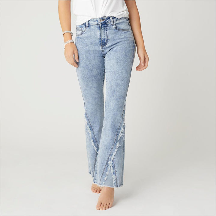 EverStretch Flare Jeans with Crossover Fringe - Light Denim