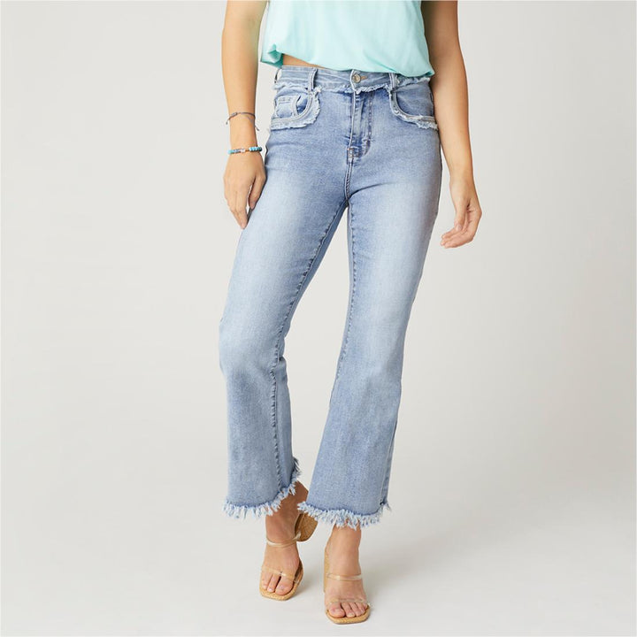 EverStretch Ankle Jeans with Fringe Detail - Light Denim