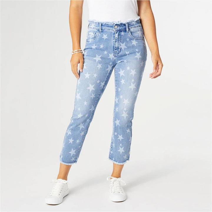 EverStretch Star Print Capri with Fringe - Light Denim